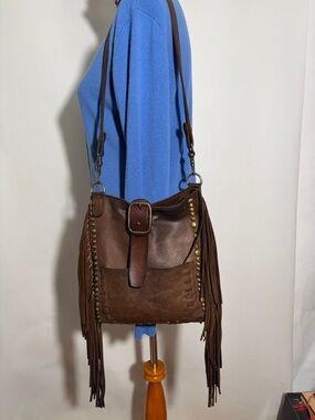 McFadin Handmade Brown Leather Fringe Crossbody Purse Bag
